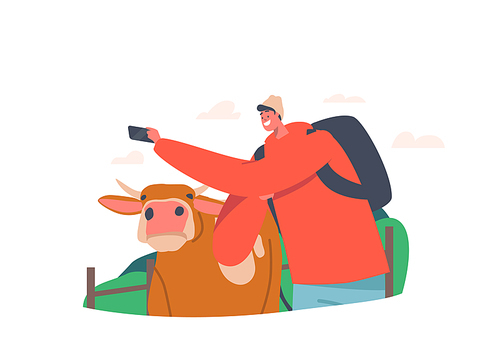 Young Man Making Selfie with Cow. Funny Male Character Traveler or Tourist with Backpack Shooting Portrait of himself with Animal. Traveling Fun, Photography. Cartoon People Vector Illustration