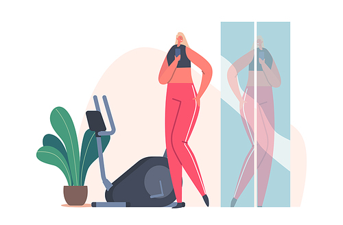 Female Character in Sportswear Taking Selfie in Gym. Sporty Girl Shoot Photo of Mirror Reflection on Smartphone. Sportswoman Fitness Training, Workout, Healthy Lifestyle. Cartoon Vector Illustration