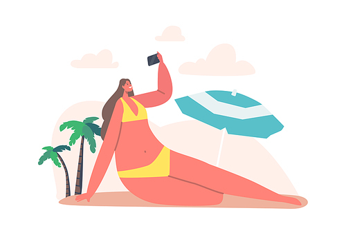 Young Woman Taking Selfie on Smartphone at Sea Beach with Palm Trees and Umbrella. Happy Female Character Shoot Summer Vacation Relax for Memory Album or Social Networks. Cartoon Vector Illustration