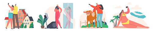 Set of Young People Taking Selfie Concept. Happy Male and Female Characters Shoot Photo during Summer Vacation on Beach, Training in Gym, Man with Cow, Couple at New House. Cartoon Vector Illustration