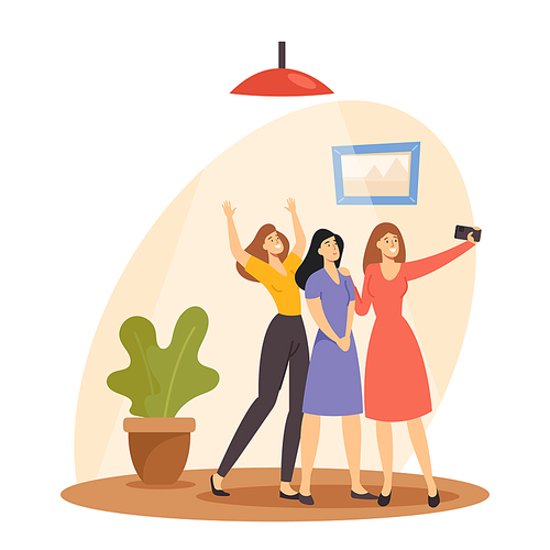 Cheerful Young Women Making Selfie on Mobile Phone Posing and Gesturing on Camera. Girlfriends Happy Meeting and Relaxing Spare Time. Friends Characters Recreation. Cartoon People Vector Illustration