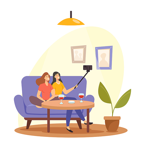Young Girls Relaxing, Making Selfie on Smartphone Sitting on Sofa and Drink Wine. Women Home Party, Female Characters in Recreational Place, Girlfriends Meeting. Cartoon People Vector Illustration