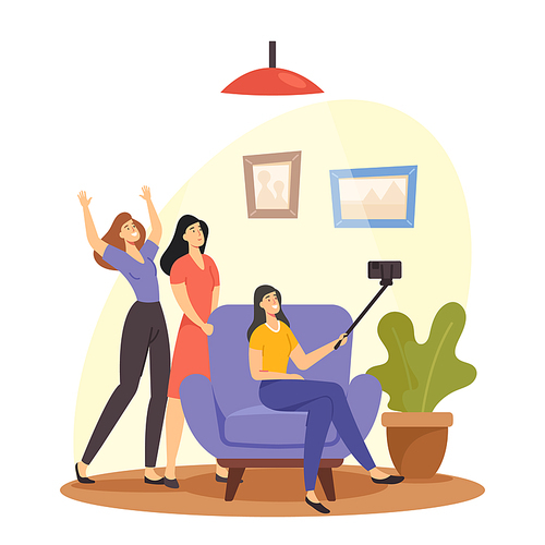 Friendship Concept. Happy Girl Friends Company Having Fun Making Selfie on Smartphone. Girlfriends Characters Spend Time Together Photographing for Long Memory. Cartoon People Vector Illustration