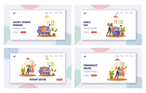 Friends Selfie Landing Page Template Set. Happy Girls Company Having Fun Photographing on Smartphone. Girlfriends Spend Time Together, Female Characters Friendship. Cartoon People Vector Illustration