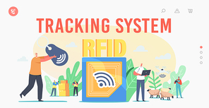 Tracking System Landing Page Template. Rfid, Radio Frequency Identification Tag Technology. Tiny Characters Use Delivery Electromagnetic Track and Reader on Cargo. Cartoon People Vector Illustration