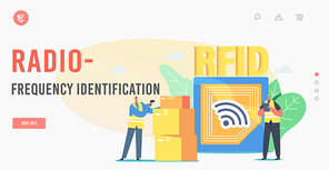 Radio Frequency Identification Landing Page Template. Characters Use Modern Barcode Scanner Read Box on Storage. Contemporary Rfid Business Technology for Warehouse. Cartoon People Vector Illustration