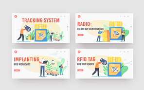 Rfid Tracking System Landing Page Template Set. Radio Frequency Identification Tag Technology. Tiny Character Use Delivery Electromagnetic Track and Reader on Cargo. Cartoon People Vector Illustration