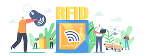 Rfid, Radio Frequency Identification Tag Technology. Tiny Characters Use Delivery Tracking Electromagnetic Track on Cargo, Shepherd with Quadcopter and Rfid Reader. Cartoon People Vector Illustration