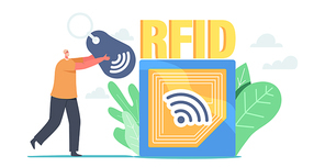 Tiny Male Character Carry Huge Rfid Scanner, Radio Frequency Identification Tag Identification Technology Wireless System Comprised of Two Components Tag and Reader. Cartoon People Vector Illustration