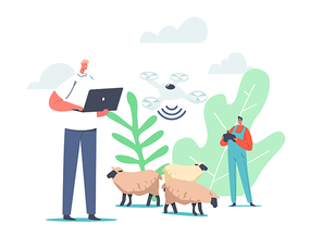 Shepherd Male Character Use Quadcopter and Rfid, Radio Frequency Identification Tag Technology for Grazing Sheep. Innovative Contemporary Business Technologies. Cartoon People Vector Illustration