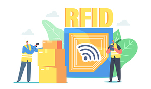 Characters Use Modern Barcode Scanner Read Box on Storage. Contemporary Rfid Business Technology for Warehouse with Radio Waves. Electronic Device for Shipping. Cartoon People Vector Illustration