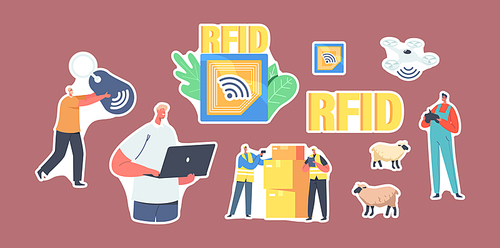 Set of Stickers Rfid Identification Tag Technology. Characters Use Delivery Tracking Electromagnetic Track on Cargo, Shepherd with Quadcopter and Rfid Reader. Cartoon People Vector Illustration