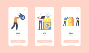 Rfid Mobile App Page Onboard Screen Template. Tiny Characters Use Delivery Tracking Electromagnetic Track on Cargo. Radio Frequency Identification Tag Tech Concept. Cartoon People Vector Illustration