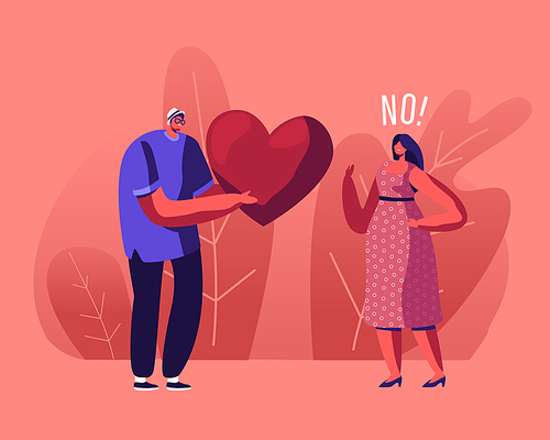 Unrequited Love Concept. Loving Man Giving Huge Red Heart to Woman Rejecting his Feelings Saying No. Male and Female Characters Relationship, People Dating and Parting Cartoon Flat Vector Illustration