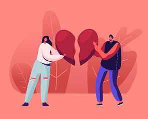 Heartbroken Couple Parting, Divorce. Sad Young Man and Woman Trying to Put Together Parts of Broken Heart. End of Unhappy Relations and Love, Despair Loneliness. Cartoon Flat Vector Illustration