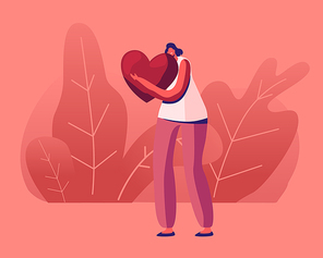 Happy Woman Embrace Huge Red Heart with Smiling Expression on Face. Valentines Day Greetings, Girl Enjoying Loving and Romantic Relations and Positive Emotions. Cartoon Flat Vector Illustration