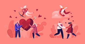 People in Romantic Relationship. Couples on Date Holding Red Heart with Arrow. Cupid with Bow Flying in Sky. Characters Falling in Love. Valentines Day Dream Romance Cartoon Flat Vector Illustration