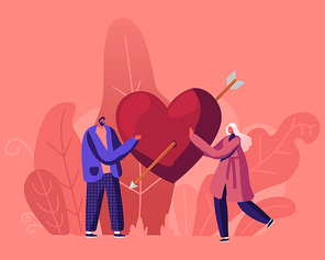 Loving Couple Share Huge Red Heart with Arrow. Human Relations, Love, Romantic Dating. Newlywed Couple Male and Female Characters Spending Time Together Outdoors. Cartoon Flat Vector Illustration