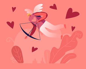 Cheerful Man Cupid with Wings Wearing T-shirt with Heart Print on Chest Flying in Sky with Bow and Arrow Searching Aim for Shooting. Happy Valentines Day Character, Cartoon Flat Vector Illustration