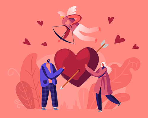 Man and Woman Fall in Love Concept. Young Male and Female Characters Share Huge Red Heart Pierced with Arrow. Cheerful Cupid Flying in Sky with Bow Aiming to People Cartoon Flat Vector Illustration
