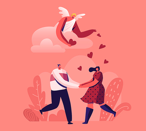 Loving Couple Having Dating Concept. Young Man and Woman Holding Hands Looking on Each Other with Love Dancing and Rejoice under Cupid Throwing Hearts Petals from Sky. Cartoon Flat Vector Illustration
