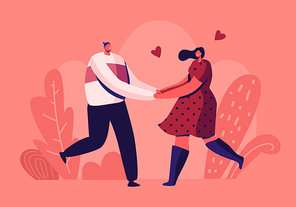 Happy Loving Couple Outdoors Sparetime. Cheerful Man and Woman Characters Spend Time Together Holding Hands and Rejoice with Hearts around. Love Relation, Togetherness Cartoon Flat Vector Illustration