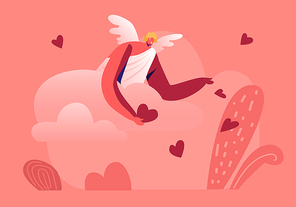 Smiling Cupid Man with Wings Wearing White Toga Throw Red Hearts from Cloudy Sky on Ground. Blonde Cherub Spread Love and Romantic among People, Happy Valentines Day. Cartoon Flat Vector Illustration