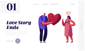 Unrequited One Side Love Website Landing Page. Loving Man Giving Huge Red Heart to Woman Rejecting his Feelings Saying No. People Dating and Parting Web Page Banner. Cartoon Flat Vector Illustration