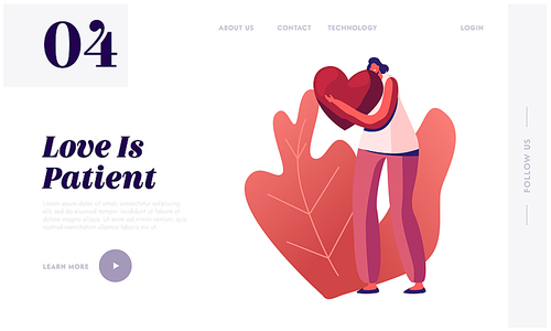 Girl Enjoying Loving and Romantic Relations Website Landing Page. Happy Woman Embrace Huge Red Heart with Smiling Expression on Face. Valentines Day Web Page Banner. Cartoon Flat Vector Illustration