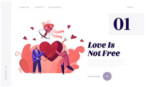 Man and Woman Fall in Love Website Landing Page. Young Couple Share Huge Red Heart Pierced with Arrow. Cupid Flying in Sky with Bow Aiming to People Web Page Banner. Cartoon Flat Vector Illustration