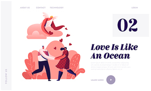 Loving Couple Having Dating Website Landing Page. Young Man and Woman Holding Hands Looking on Each Other with Love Dancing under Cupid Throw Hearts Web Page Banner. Cartoon Flat Vector Illustration