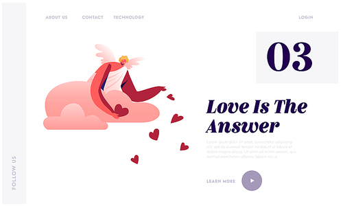 Cupid in White Toga Throw Red Hearts from Cloudy Sky Website Landing Page. Blonde Cherub Spread Love and Romantic among People, Happy Valentines Day Web Page Banner. Cartoon Flat Vector Illustration