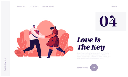 Happy Couple Outdoors Sparetime Website Landing Page. Cheerful Man and Woman Spend Time Together Holding Hands and Rejoice, Loving Romantic Relations Web Page Banner. Cartoon Flat Vector Illustration