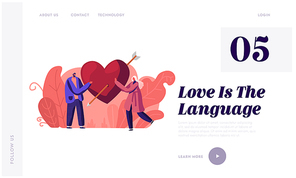 Love, Romantic Dating Website Landing Page. Loving Couple Share Huge Red Heart with Arrow. Human Relations, Newlywed Couple Spending Time Together Web Page Banner. Cartoon Flat Vector Illustration