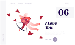 Happy Valentines Day Character Website Landing Page. Cheerful Man Cupid with White Wings Flying in Sky with Bow and Arrow Searching Aim for Shooting Web Page Banner. Cartoon Flat Vector Illustration