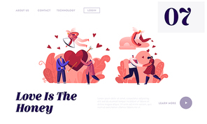 People in Love and Romantic Relationship Website Landing Page. Couples on Date Hold Red Heart with Arrow. Cupid with Bow Flying in Sky. Romance Dating Web Page Banner. Cartoon Flat Vector Illustration