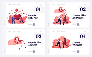 Male and Female Characters Falling in Love Website Landing Page. Happy Loving Couple in Romantic Relations Share Red Heart. Cupid Shooting with Bow Web Page Banner. Cartoon Flat Vector Illustration