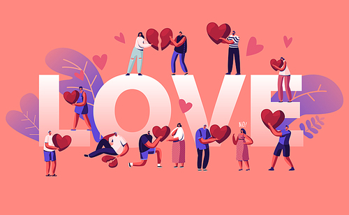 love and heartbreak concept. happy couples sparetime, holding heart. unhappy heartbroken people parting, divorce, end of relations poster banner flyer . . cartoon flat vector illustration