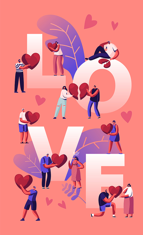 love and heartbreak concept. happy couples sparetime, holding heart. unhappy heartbroken people parting, divorce, end of relations poster banner flyer . . cartoon flat vector illustration