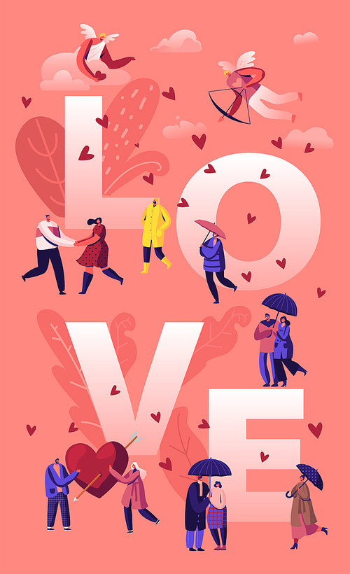 love and loving relations concept. cheerful men and women spend time together holding hands and rejoice with cupids shooting to hearts poster banner flyer . cartoon flat vector illustration