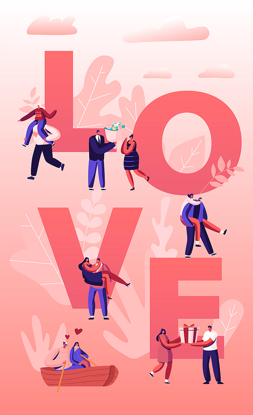 people in love concept. happy couples in relations walking, having fun together, floating on boat, giving gifts to each other. romance poster banner flyer . cartoon flat vector illustration