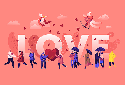 love and loving relations concept. cheerful men and women spend time together holding hands and rejoice with cupids shooting to hearts poster banner flyer . cartoon flat vector illustration