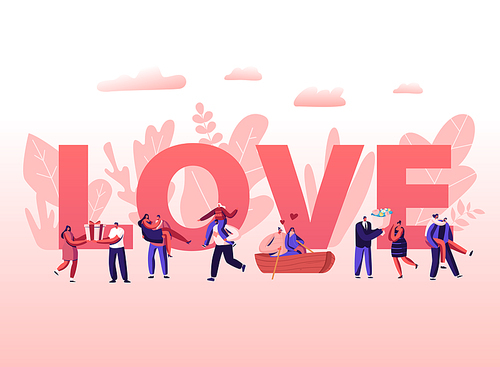 people in love concept. happy couples in relations walking, having fun together, floating on boat, giving gifts to each other. romance poster banner flyer . cartoon flat vector illustration