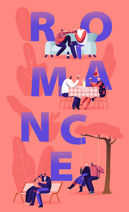 loving couple romance sparetime concept. young men and women spend time together dating at home and restaurant, walking outdoors, relaxing poster banner flyer  cartoon flat vector illustration