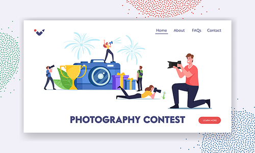 Photo Contest Landing Page Template. Characters Take Part in Photography Competition, Professional Tournament. Tiny Photographers Shoot with Camera at Huge Cup. Cartoon People Vector Illustration