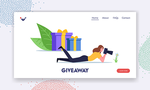 Photography Competition Landing Page Template. Female Photographer Character Take Part in Photo Contest. Woman Shoot Flower during Professional Tournament. Cartoon People Vector Illustration