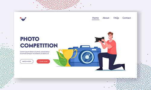 Photo Contest, Tournament Landing Page Template. Photographer Character Take Part in Photography Competition Shoot Pictures with Professional Camera near Golden Cup. Cartoon People Vector Illustration