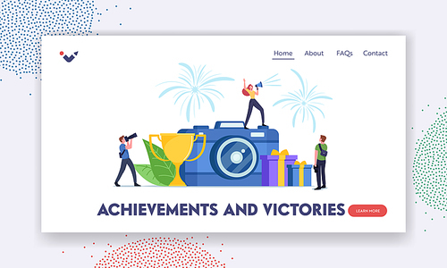 Photo Tournament Landing Page Template. Tiny Female Character with Loudspeaker Stand on Huge Camera Announce Photography Competition or Photo Contest Concept. Cartoon People Vector Illustration