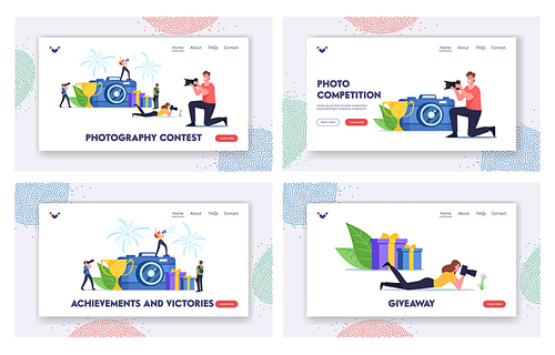 Photo Contest Landing Page Template Set. Characters Take Part in Photography Competition, Professional Tournament. Tiny Photographers Shoot with Camera at Huge Cup. Cartoon People Vector Illustration