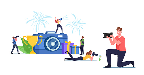 Characters Take Part in Photography Competition, Photo Contest Concept. Tournament of Professionals or Amateurs. Tiny Photographers Shoot with Camera at Huge Cup. Cartoon People Vector Illustration